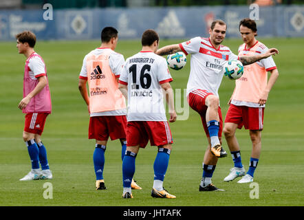 Hamburg, Germany. 16th July, 2017. Pierre-Michel Lasogga (2-R) of the German Bundesliga Team Hamburger SV trains with his team mates in Hamburg, Germany, 16 July 2017. Photo: Markus Scholz/dpa/Alamy Live News Stock Photo