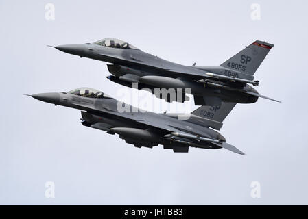 Two General Dynamics F-16 Fighting Falcon fighter jets of the US Air Force from Spangdahlem Air Base in Germany carry out a flypast at an airshow Stock Photo