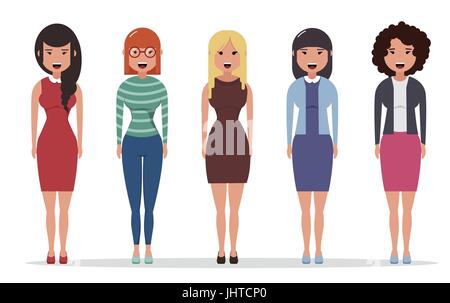 Set of diverse business characters, businesswomen dressed in different styles of clothes. Geometric people. Simple cartoon flat design. Vector illustr Stock Vector
