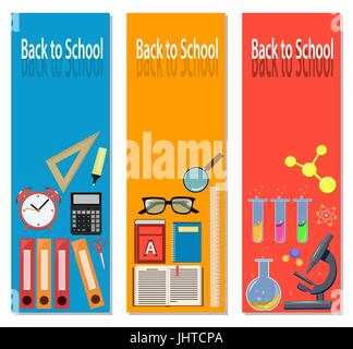 Back to school. Set of vector illustrations on different backgrounds. Modern style. Educational stuff Stock Vector