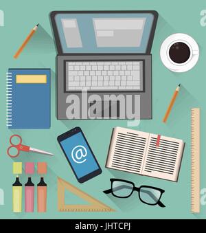 Stuff for studying and business. Useful things for students, office workers and businessmen. Vector illustration on light blue background Stock Vector