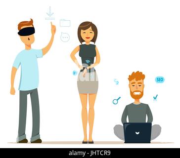 Set of people with modern gadgets. Man in virtual reality glasses. Cheerful woman with smart watch. Man sitting on the floor and working with laptop.  Stock Vector