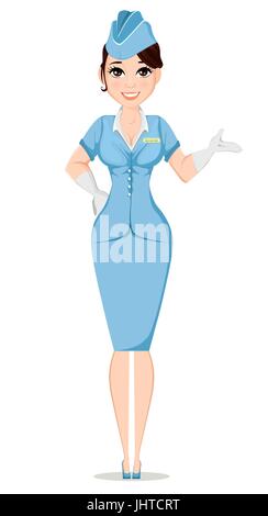 Stewardess in professional uniform. Cute smiling woman working as air hostess. Crew member of a civil aircraft. Cheerful cartoon character. Vector sto Stock Vector