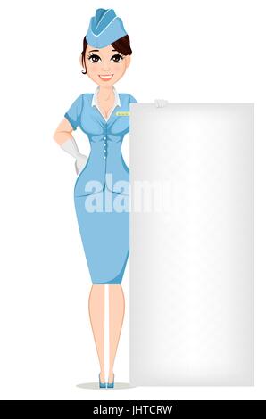 Stewardess in professional uniform. Cute smiling woman working as air hostess standing near big sign. Crew member of a civil aircraft. Cheerful cartoo Stock Vector