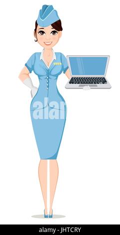 Stewardess in professional uniform. Cute smiling woman working as air hostess holding modern laptop. Crew member of a civil aircraft. Cheerful cartoon Stock Vector