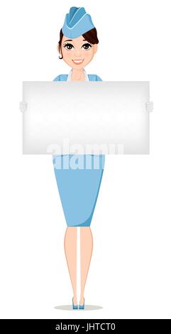 Stewardess in professional uniform. Cute smiling woman working as air hostess holding blank sign. Crew member of a civil aircraft. Cheerful cartoon ch Stock Vector