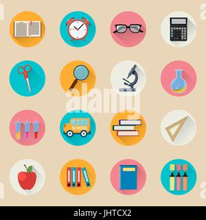 Objects for school. Back to study. Set of round flat icons. Vector Illustrations. Stock Vector