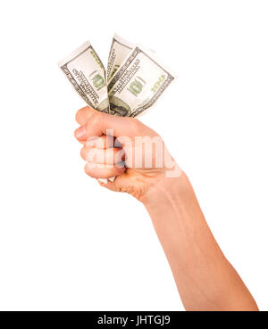 hand holding crumpled dollar bills isolated on white background Stock Photo