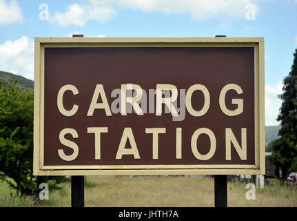 Carrog Station sign, part of the Llangollen Railway preserved heritage line in the Dee Valley, Denbighshire, Wales, UK. Stock Photo