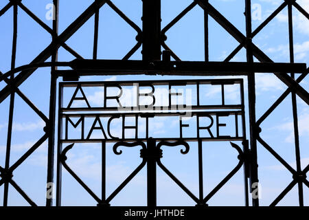Main entrance gate and 'Arbeit macht frei' sign. Dachau Concentration Camp, Munich, Bavaria, Germany Stock Photo