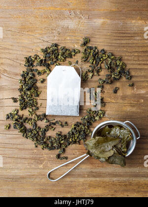 Green tea dried and used leafs in colander Stock Photo