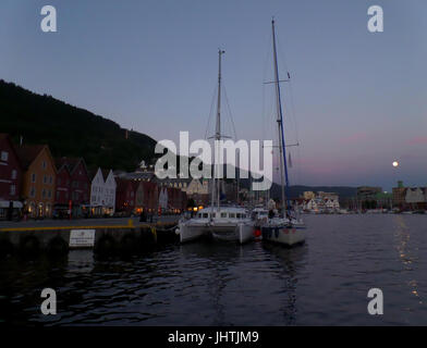 Bryggen, the historic harbor district of Bergen on the full moon night, Hordaland county, Norway Stock Photo