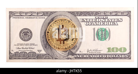 Golden Bitcoin on US dollar. Electronic money exchange concept. isolated on white background Stock Photo