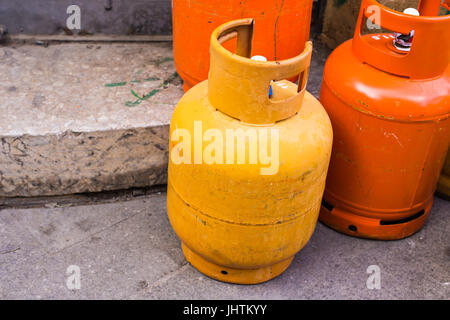 Gas containers. Cooking gas cylinders. Stock Photo