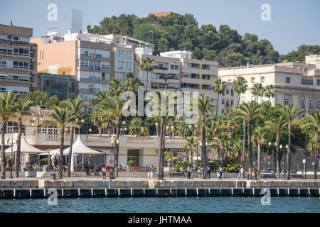 Palm trees and cafes on the harbourfront at Cartagena in Murcia Spain Stock Photo