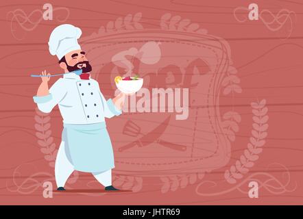 Chef Cook Holding Plate With Hot Soup Smiling Cartoon Chief In White Restaurant Uniform Over Wooden Textured Background Stock Vector