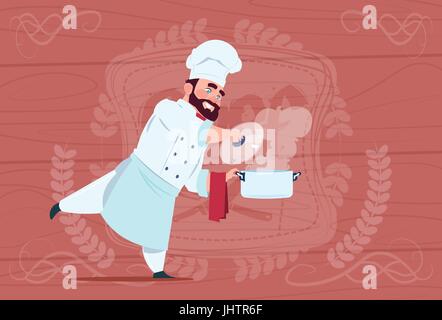 Chef Cook Holding Saucepan With Hot Soup Smiling Cartoon Chief In White Restaurant Uniform Over Wooden Textured Background Stock Vector