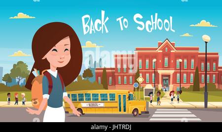 Girl Going Back To School Over Group Of Pupils Walking From Yellow Bus Primary Schoolchildren Students Stock Vector