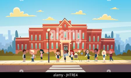 Group Of Pupils Mix Race Stand In Front Of School Building Primary Schoolchildren Talking Students Stock Vector
