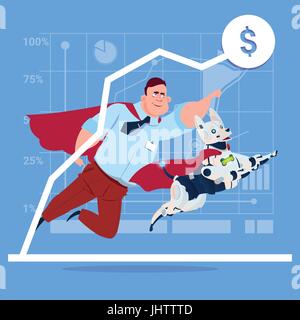 Successful Business Man In Red Cape With Robot Dog Over Finance Graph Up Stock Vector