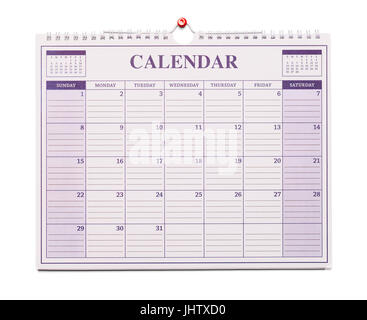 Hanging Monthly Calendar Isolated on White Background. Stock Photo