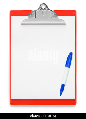 Red Clipboard with Paper and Marker Isolated on White Background. Stock Photo