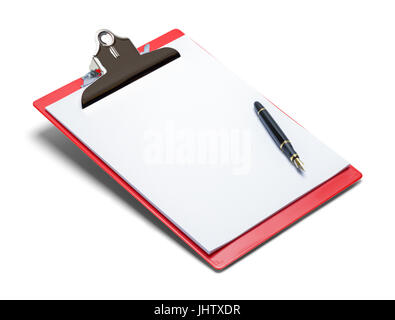 Red Clipboard with Pen Isolated on White Background. Stock Photo