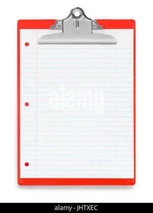 Red Clipboard with Line Paper Isolated on White Background. Stock Photo