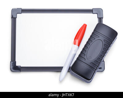 White Board with Eraser and Marker Isolated on White Background. Stock Photo