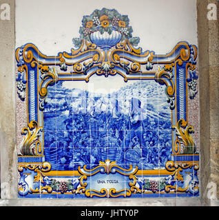 Azulejos painted blue tiles at the Pinhao train station Douro River Portugal Stock Photo
