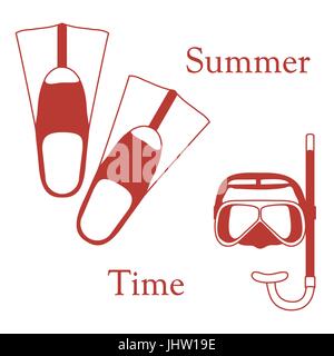 Stylized icon of a colored mask, tube and flippers for a scuba diving. Sports and recreation theme. Design for banner, poster or print. Stock Vector
