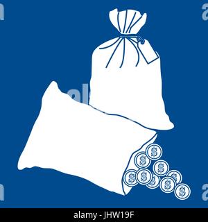 Stylized icon of a knotted bag with money and open bag with pours coins. Design for banner, poster or print. Stock Vector