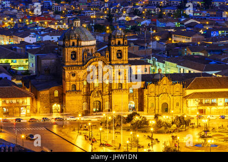 Overview of Plaza de Armas and Church of the Society of Jesus or Iglesia de la Compania de Jesus,Cusco, Peru Stock Photo