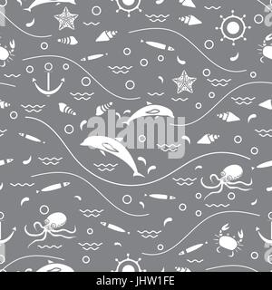 Cute seamless pattern with dolphins, octopus, fish, anchor, helm, waves, seashells, starfish, crab. Design for banner, poster or print. Stock Vector