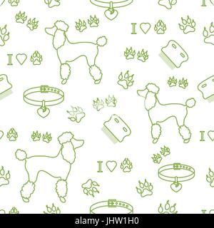 Seamless pattern with poodle silhouette, comb, collar, dog tracks and hearts. Design for banner, poster or print. Stock Vector