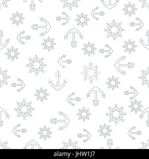 Cute seamless pattern with steering wheels and anchors. Marine theme. Design for poster or print. Stock Vector