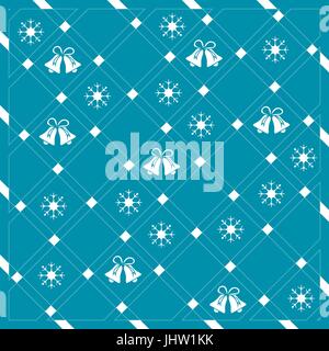 Pattern of diagonal stripes or lines in nice colors with snowflakes and Christmas bells. Abstract grid texture. Graphic background design. Stock Vector