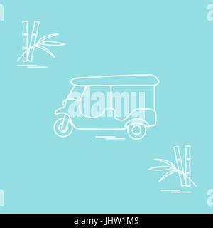 Stylized icon of tuk-tuk and bamboo. Traditional taxi in Thailand, India. Design for banner, poster or print. Stock Vector