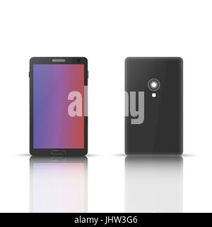 Photorealistic mobile phone with a mirror reflection, isolated on white background. Front and back side. Element for design of digital devices, vector Stock Vector