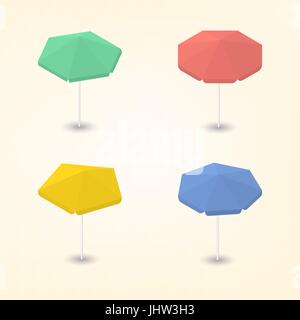 Set of colorful beach umbrellas of various shapes, isolated on a white background. Leisure icon. Flat 3d isometric style, vector illustration. Stock Vector