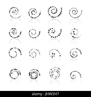 Set black dotted spirals with mirror reflection, isolated on white background. Abstract symbols with halftone effect, vector illustration. Stock Vector