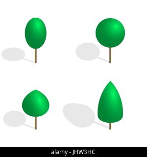 Green trees of various shapes isolated on white background. Elements for the design of the park, forest and garden. 3D isometric style, vector illustr Stock Vector
