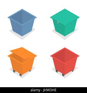 Set of metal container for garbage of different shapes, isolated on white background. Flat 3d isometric style, vector illustration. Stock Vector