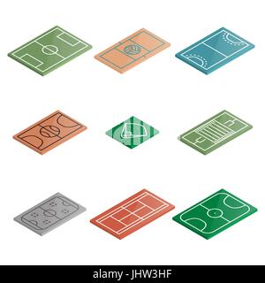Set of icons playgrounds football, soccer, basketball, baseball, ice hockey, volleyball, handball and tennis. Design element of sports objects. Flat 3 Stock Vector