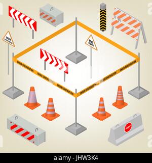 Set of road signs repairs isolated on white background. Design elements for reconstruction. Flat 3D isometric style, vector illustration. Stock Vector