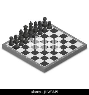 Chessboard with photo realistic black figures isolated on white background. 3D isometric style, vector illustration. Stock Vector