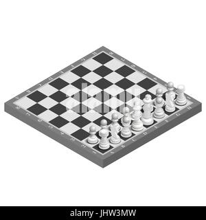 Chessboard with photo realistic figures isolated on white background. 3D isometric style, vector illustration. Stock Vector