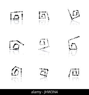 Set black dotted spirals with mirror reflection, isolated on white background. Abstract symbols with halftone effect, vector illustration. Stock Vector
