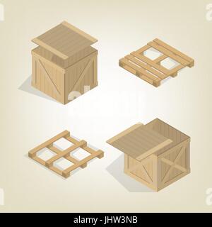 Realistic wooden container for transportation cargo with pallet, isolated on a light background. Flat 3D isometric style, vector illustration. Stock Vector