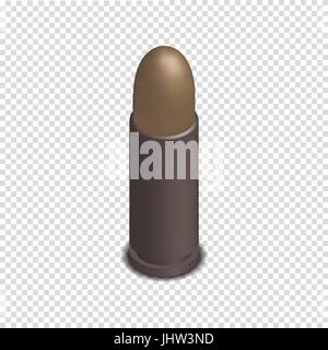 Photorealistic cartridge with a bullet isolated on white background. Design element firearms. 3D isometric style, vector illustration. Stock Vector